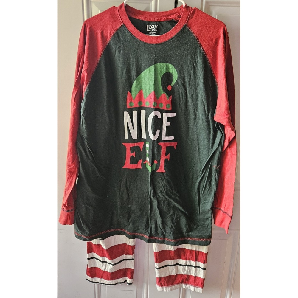Lazy One Nice Elf Christmas Pajama Set Womens Large Red Green Black Striped Cott